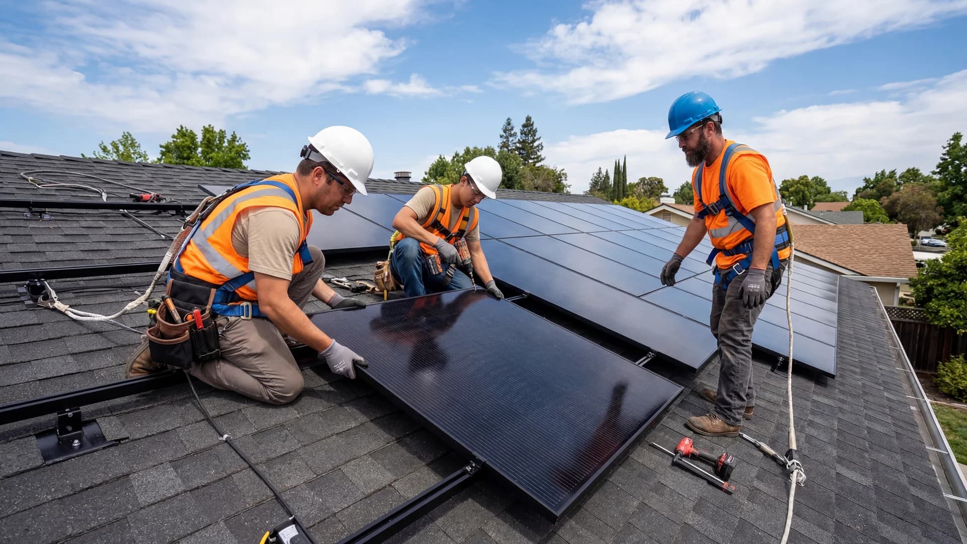Professional solar installation crew installing panels on a residential roof