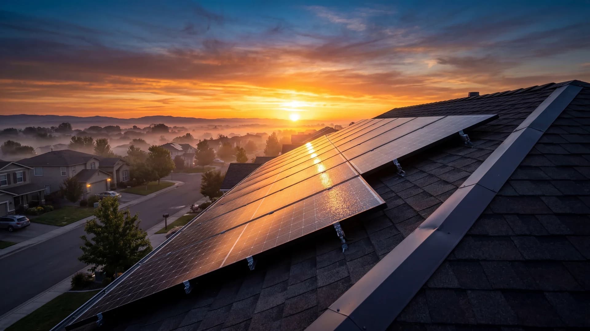 Solar panels on rooftop at sunrise with morning mist over neighborhood