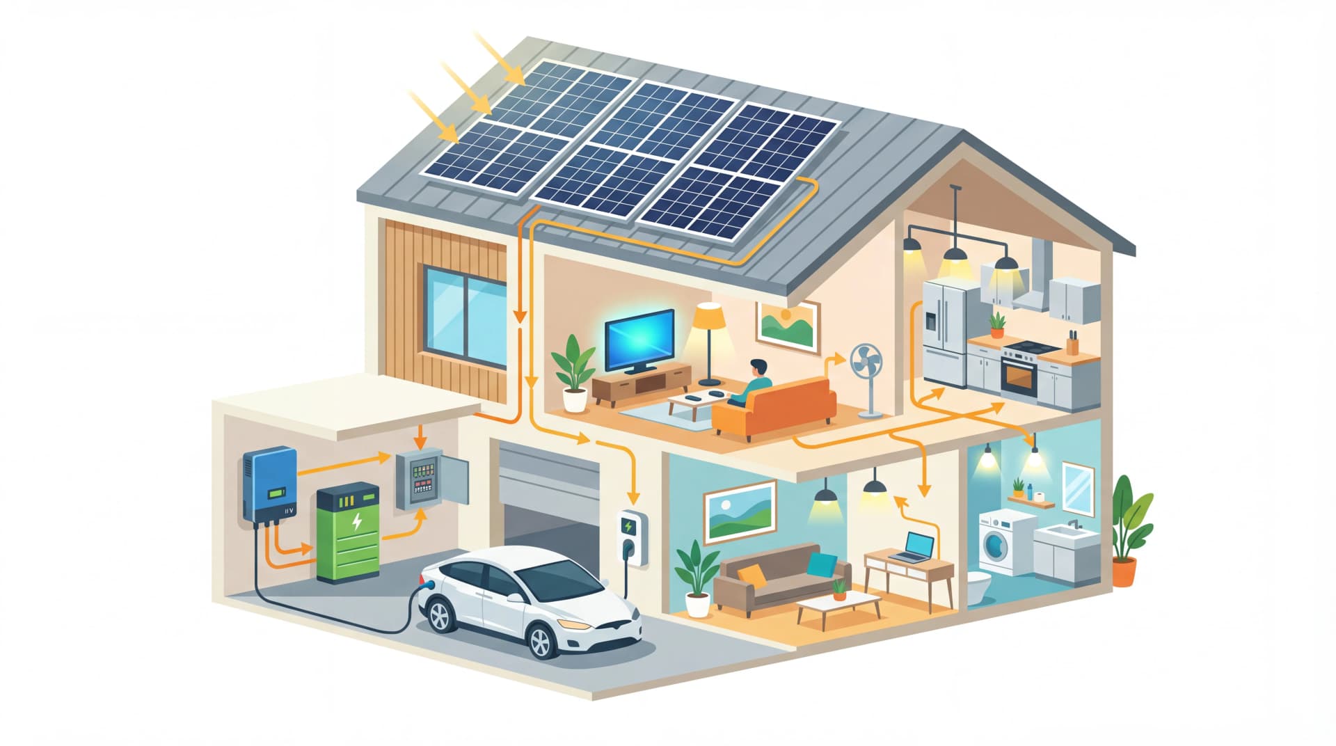 Cutaway illustration of a home solar system showing rooftop panels, an inverter, battery storage, household appliances and EV charging